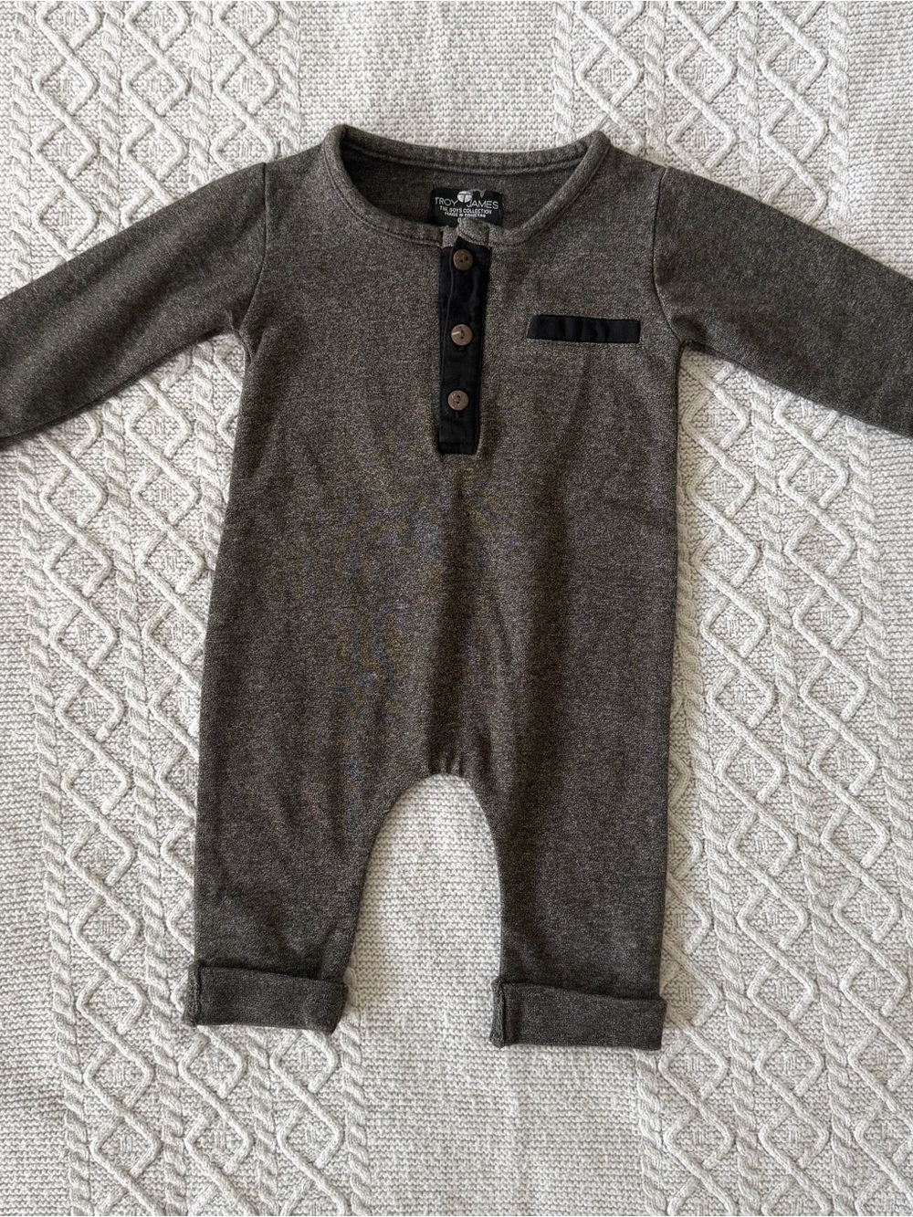 Troy James Baby Boy Heather Gray Henley One-Piece Romper with Black Trim 0-3M